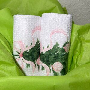 Set of Pink and Green All Cotton Christmas Dish Towels in Berry Basket